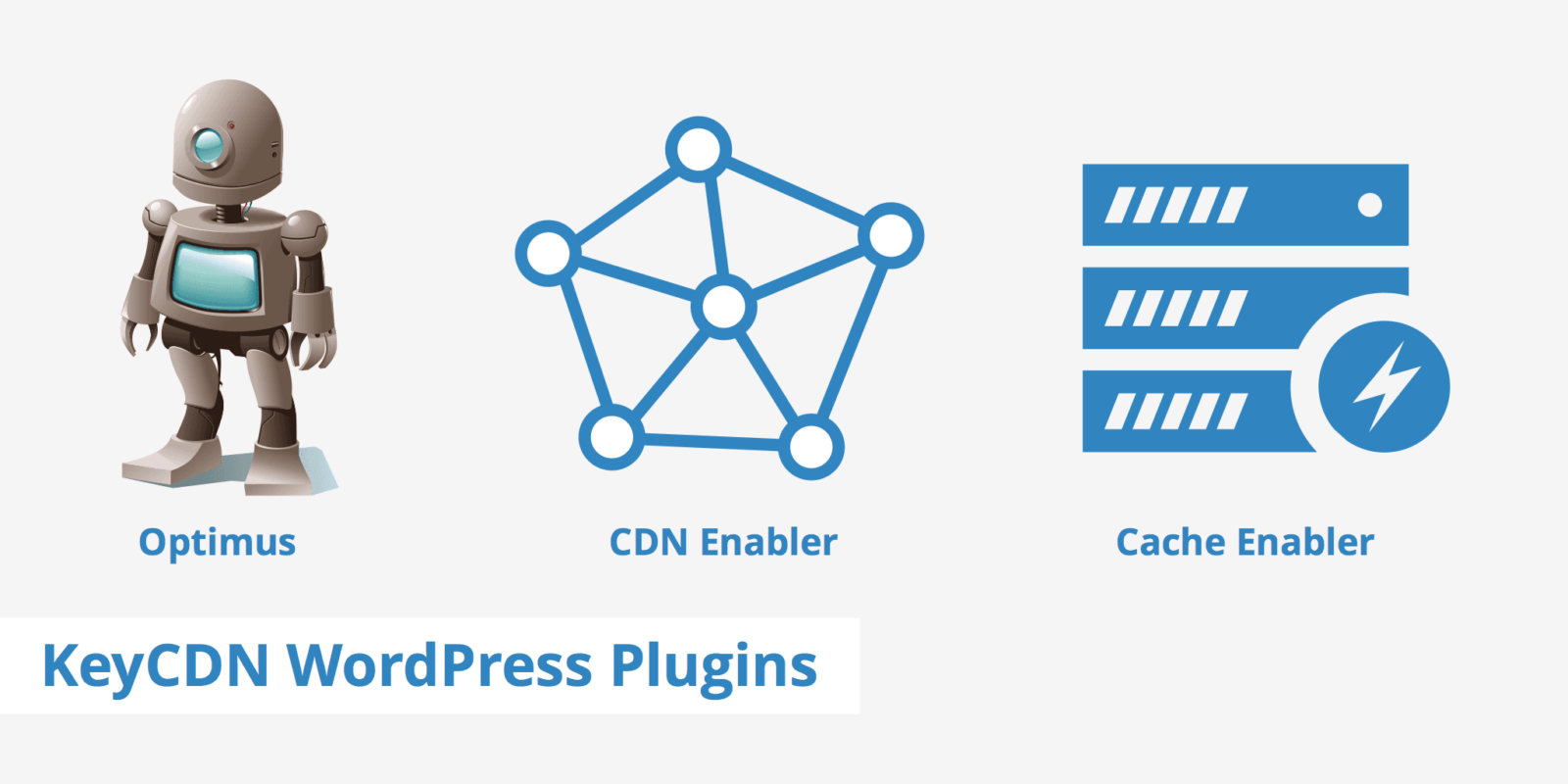 A graphic showcasing three keycdn wordpress plugins: optimus, cdn enabler, and cache enabler, each represented by an icon—a robot, a network diagram, and a lightning bolt symbol with lines, respectively.