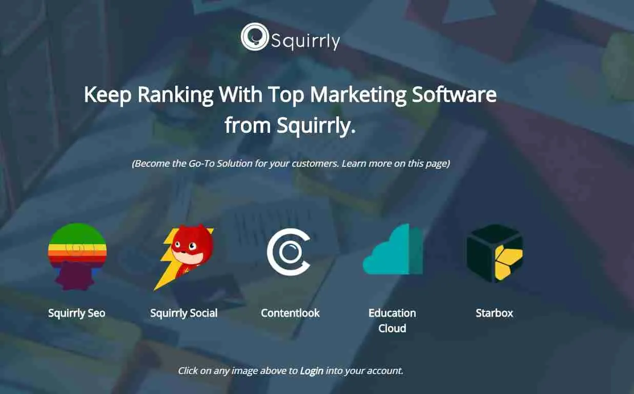 A promotional graphic for squirrly's suite of top marketing software, highlighting various products such as squirrly seo, social, contentlook, education cloud, and starbox, inviting users to click and login to their account.