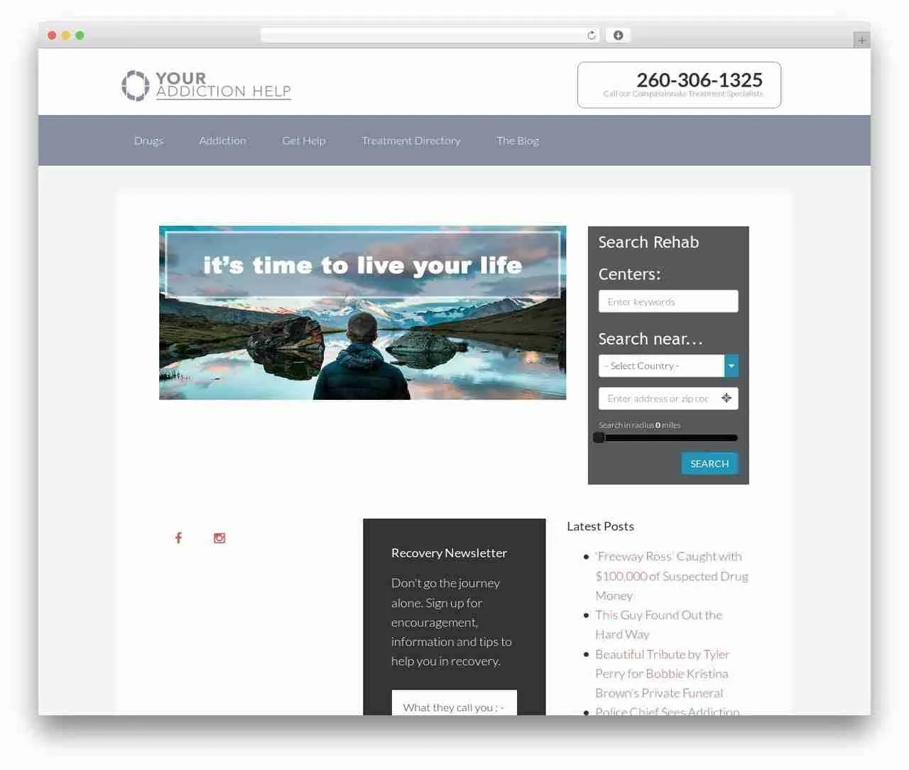 A person stands before a serene lake surrounded by rocks, on a recovery-themed website page that includes a motivational message "it's time to live your life" above, with various site navigation options and resources for addiction help.