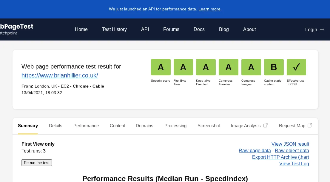 A screenshot of a web page performance test result for 'brainthistle.co.uk,' displaying various metrics such as load time, browser, and optimization grades, with an overall performance summary indicating a successful analysis.