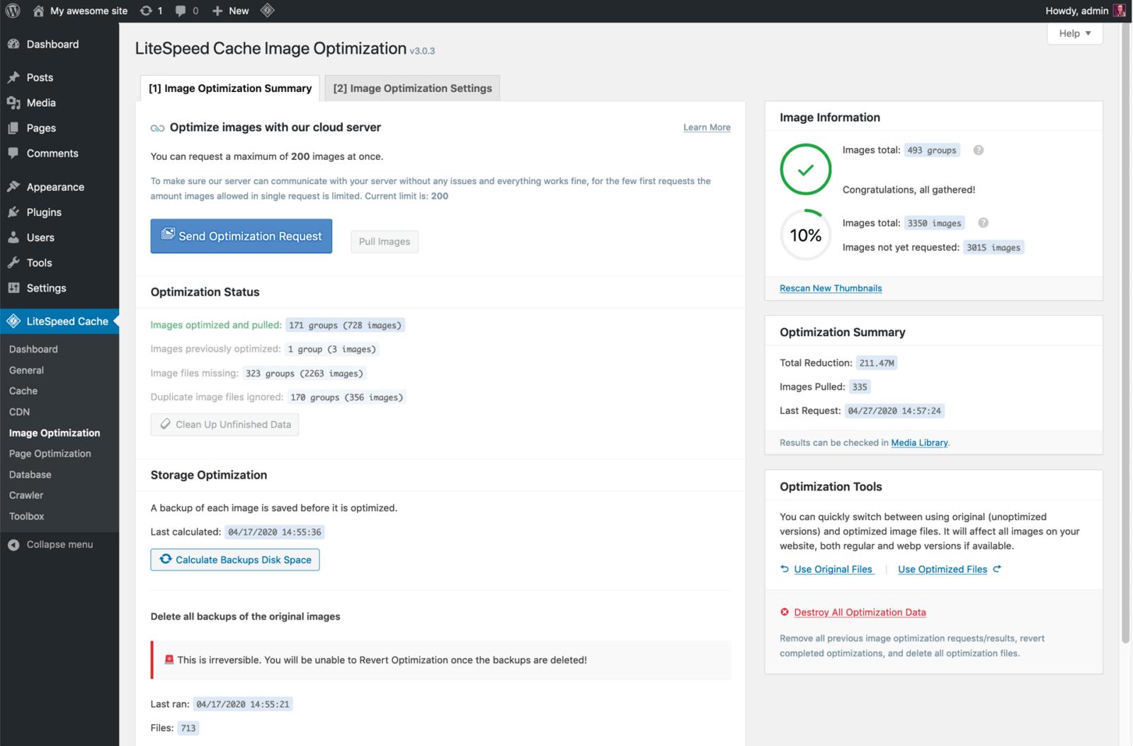 Screenshot of a website optimization tool interface, showing options for image compression, optimization statistics, and optimization history for improved web page performance. litespeed cache plugin errors