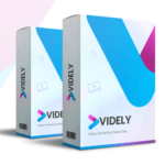 Rank On Page One In 60 Seconds Two boxes of "videly" software packaging with a modern design, positioned to showcase the product name and tagline "video marketing made easy.
