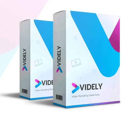 Two boxes of "videly" software packaging with a modern design, positioned to showcase the product name and tagline "video marketing made easy.