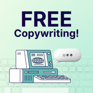 An advertisement graphic offering "free copywriting!" featuring an illustration of a computer and a speech bubble on a teal background with a brick wall motif. copy ai review