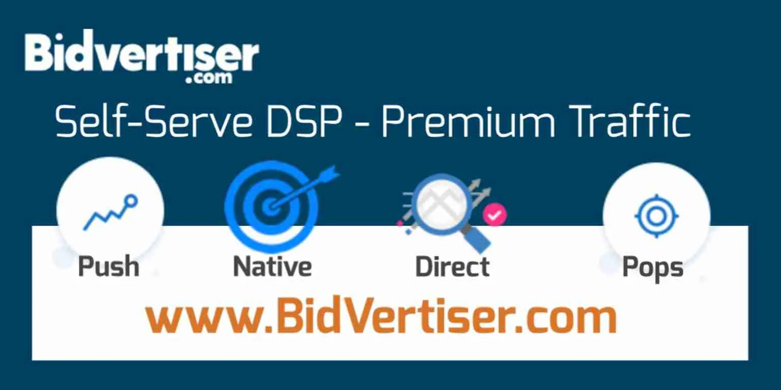 Advertising platform Bidvertiser, promoting its referral programme and self-serve DSP with access to premium traffic sources, features push, native, and pop ad formats. Bidvertiser Referral Programme