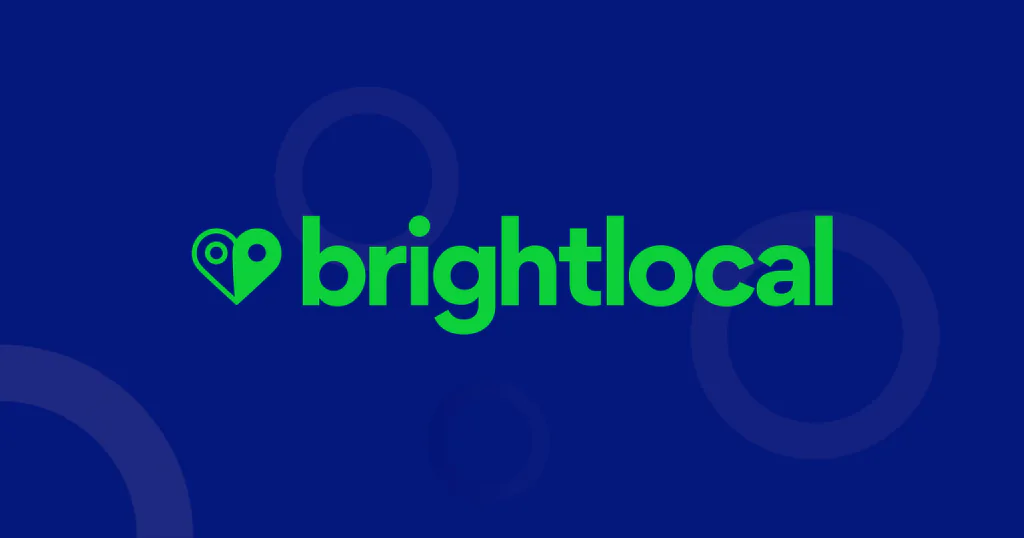 The image displays the logo of BrightLocal, aiming to improve your local SEO, on a deep blue background with abstract geometric shapes. The logo consists of a white stylized text "BrightLocal" with. Brightlocal Improve Your Local SEO