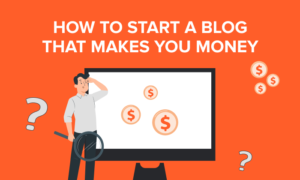 An inquisitive blogger contemplates how to start a blog and make money, symbolized by question marks and dollar signs on an orange background.