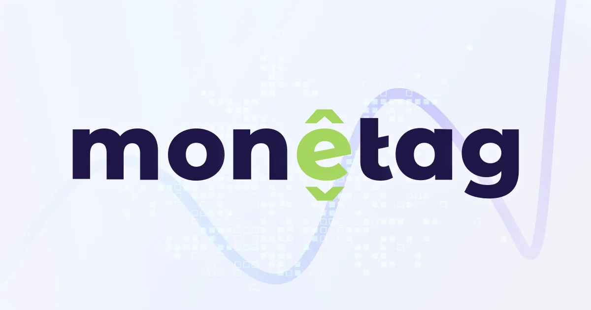 A sleek logo design for "monētag affiliate" with a stylized 'e' and a green downward arrow forming part of the 'o', set against a modern gradient background. Monetag Affiliate Review