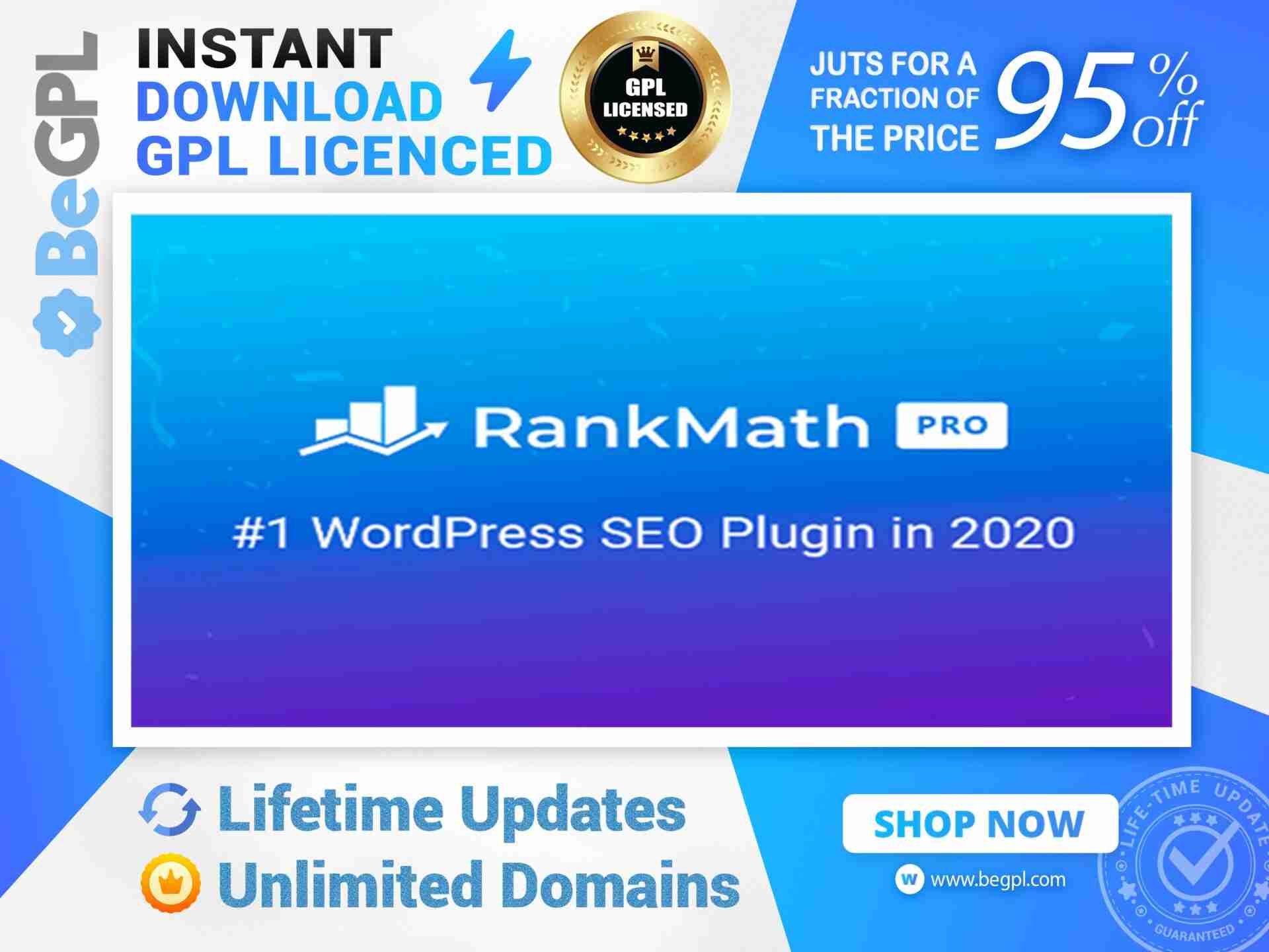Promotional graphic for Rank Math SEO Plugin Pro, highlighting it as the number one WordPress SEO plugin in 2020 with features such as instant download, updates, unlimited domains, and a 95%