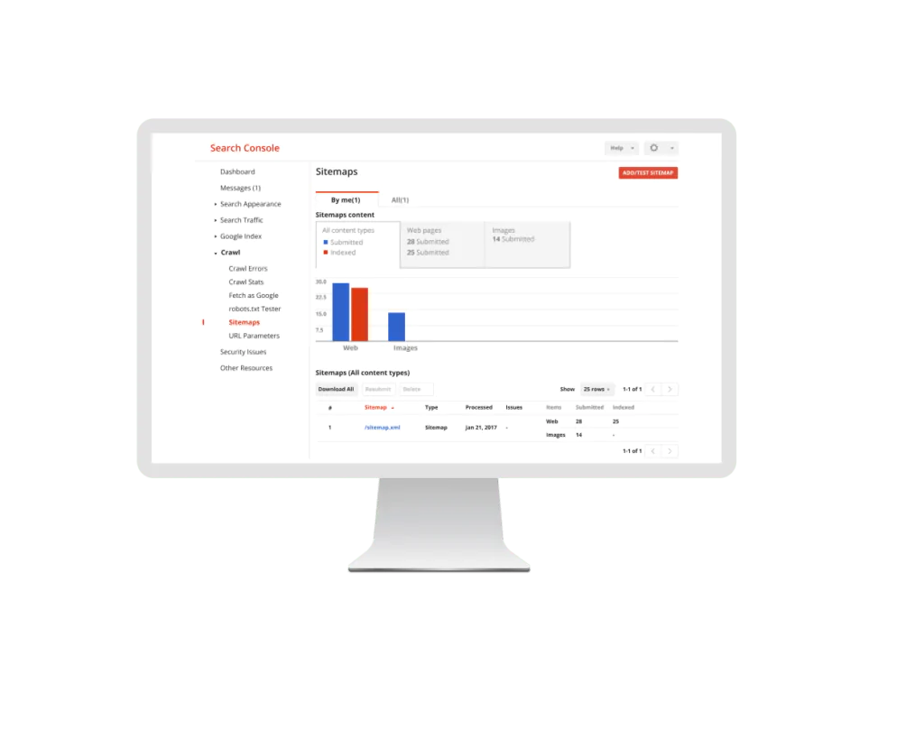 A screenshot of a Google review XML sitemap generator displayed on a computer monitor, showing a user interface with data on submitted sitemaps including charts and status information. XML Sitemap Generator for Google Review