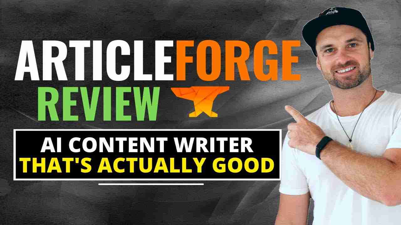 Enthusiastic man giving a thumbs up while highlighting an article forge review: an AI content writer that's actually good.