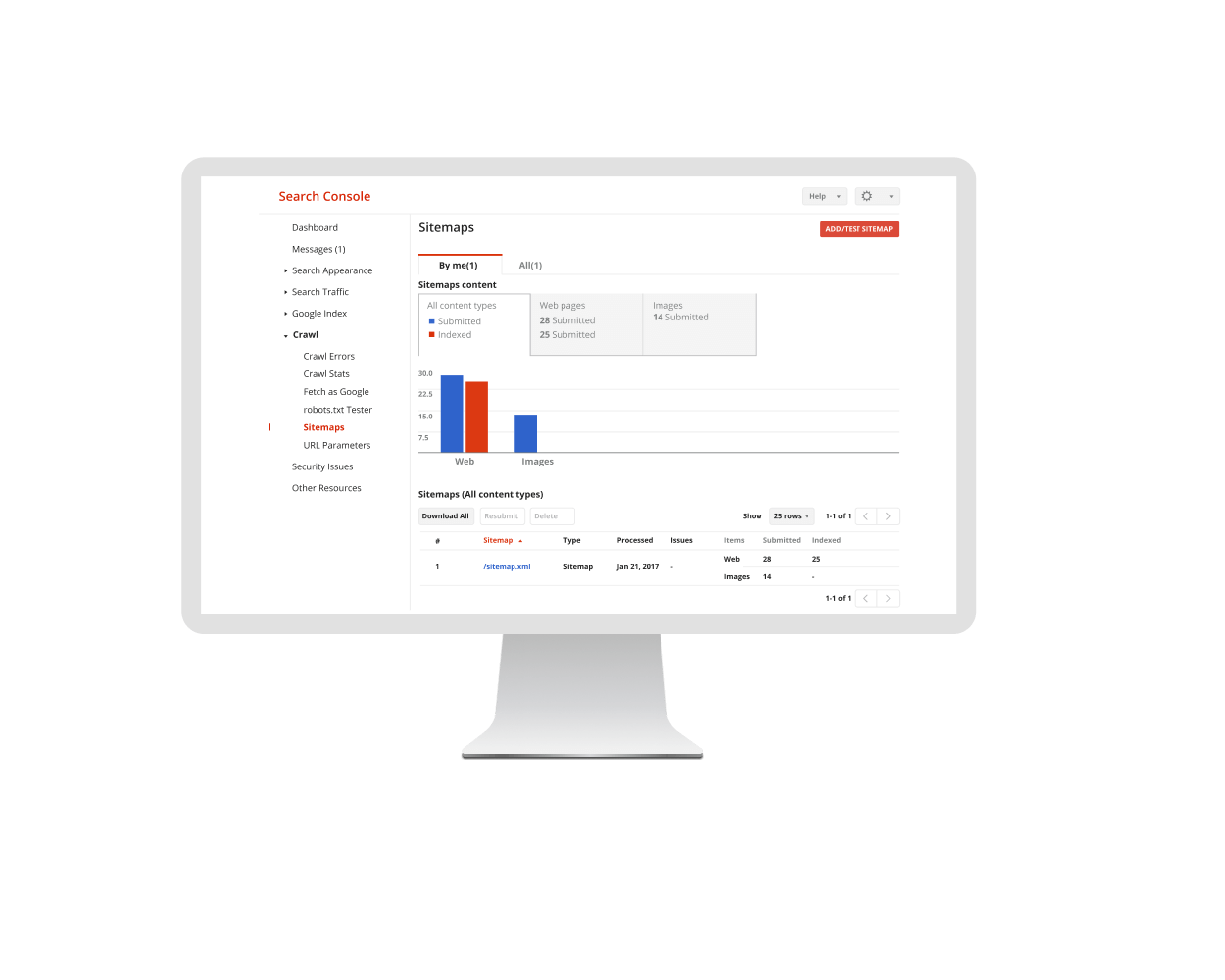 A screenshot of a Google review XML sitemap generator displayed on a computer monitor, showing a user interface with data on submitted sitemaps including charts and status information. XML Sitemap Generator for Google Review