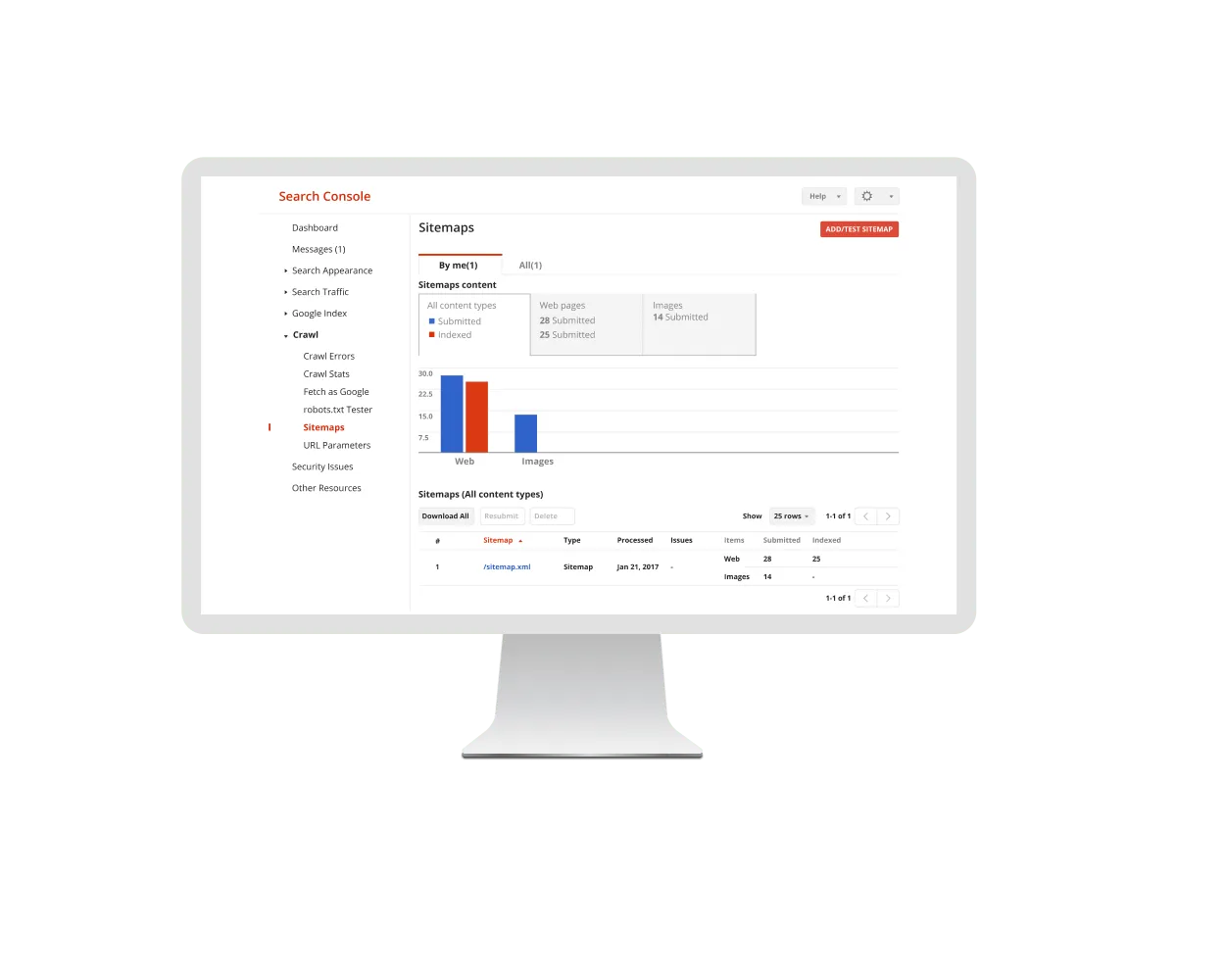 A screenshot of a Google review XML sitemap generator displayed on a computer monitor, showing a user interface with data on submitted sitemaps including charts and status information. XML Sitemap Generator for Google Review