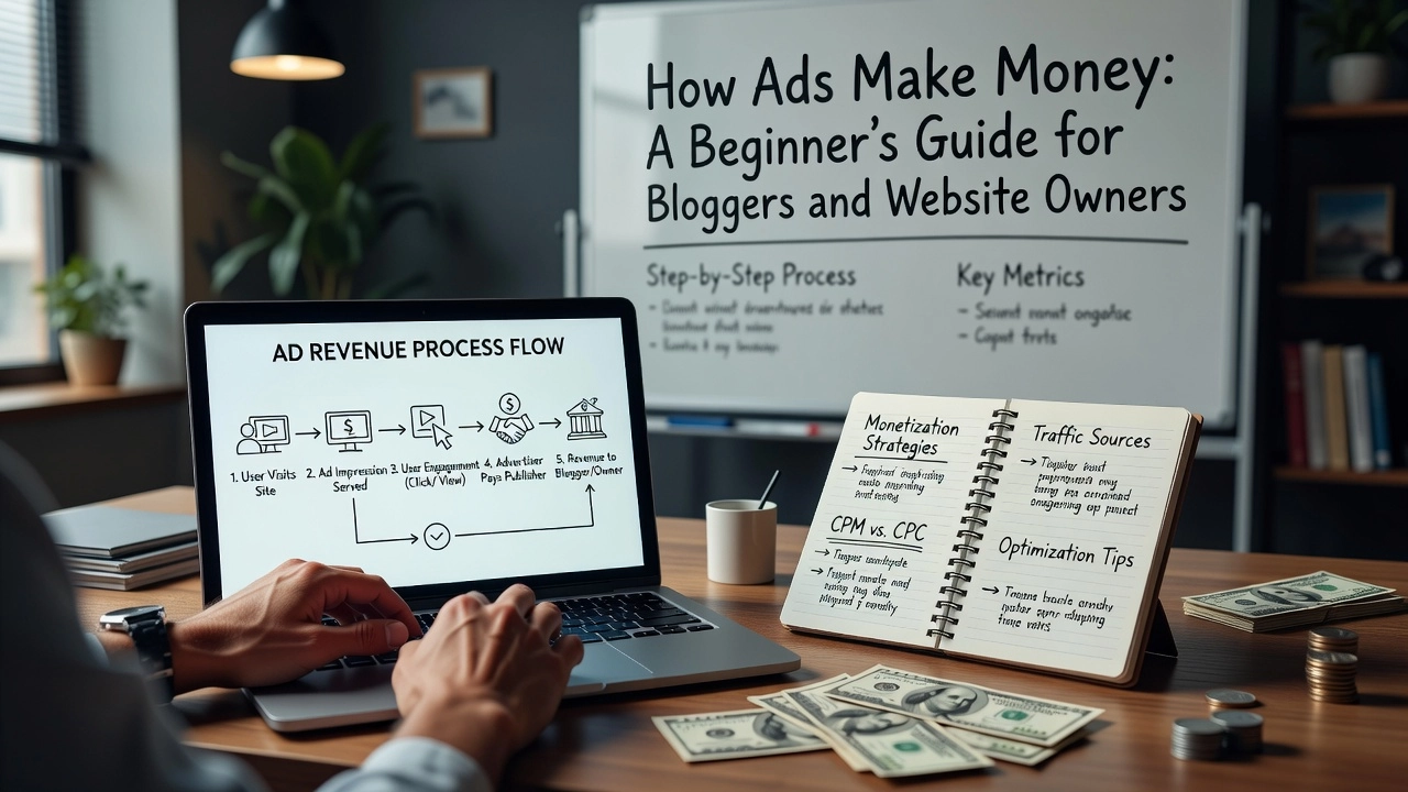 Professional header image for educational tutorial: How Ads Make Money: A Beginner's Guide for Bloggers and W...