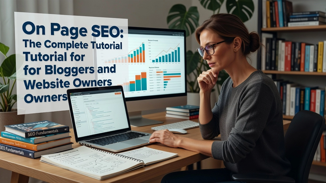 Professional header image for educational tutorial: On Page SEO: The Complete Tutorial for Bloggers and Websi...