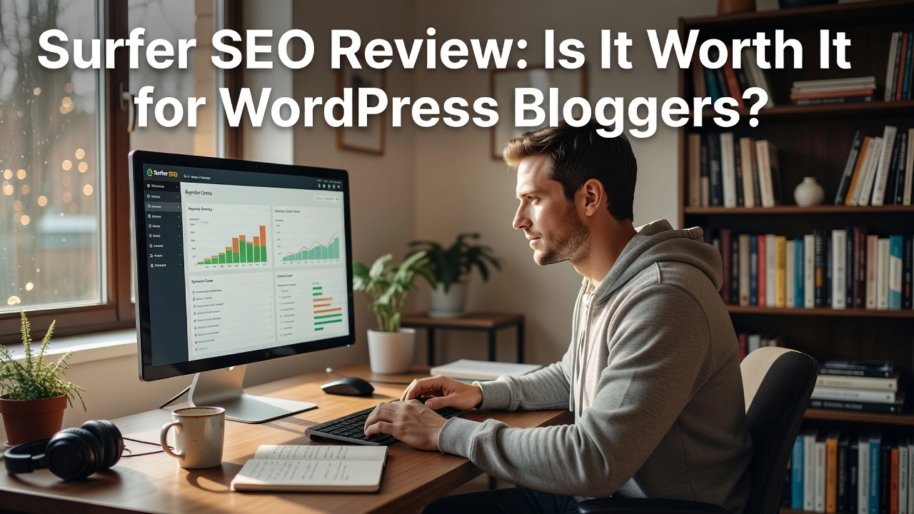 Professional header image for educational tutorial: Surfer SEO Review: Is It Worth It for WordPress Bloggers?