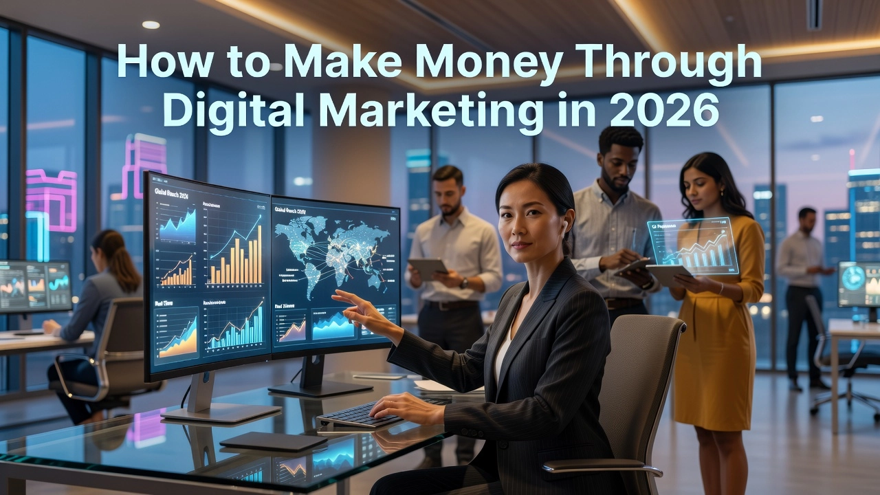 Professional header image for educational tutorial: How to Make Money Through Digital Marketing in 2026