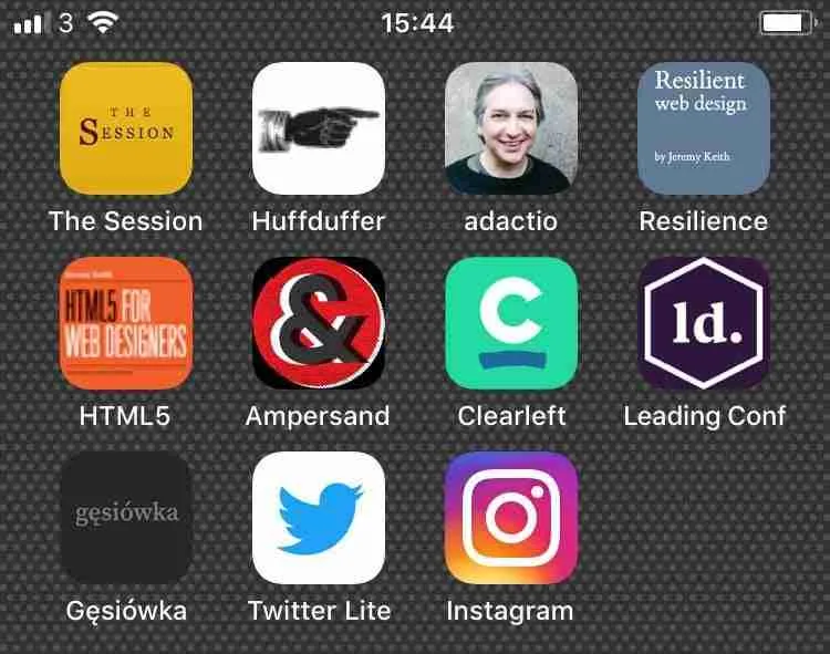 A smartphone screen displaying various app icons, including social media platforms like twitter lite and instagram, as well as other apps related to web design and development such as the session, huffduffer, ad. pwa progressive web app and google adsense