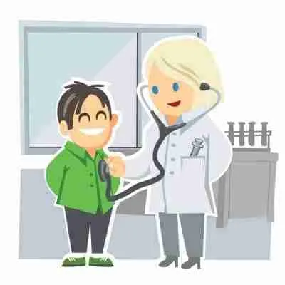 A smiling young boy with a stethoscope around his neck stands next to a female doctor who is holding the stethoscope's diaphragm in her hand, suggesting a playful medical check-up scenario.