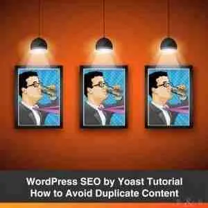 Three identical framed pictures hung on a wall under pendant lights, each featuring an illustrated character looking surprised by a butterfly on their nose, accompanied by text about a wordpress seo tutorial focusing on avoiding duplicate content through
