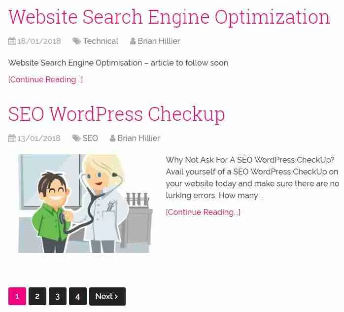 A screenshot of a web page featuring blog posts related to "website engine optimization" and "SEO wordpress checkup," with stylized representations of a doctor and patient, illustrating the concept of checking the health